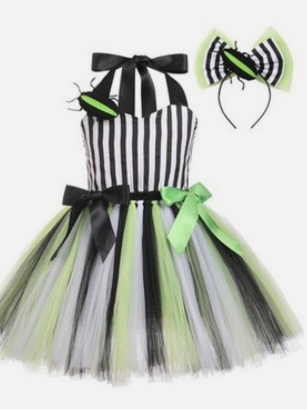 Kids Black, White & Lime Green Striped Tutu Costume Dress with Headband